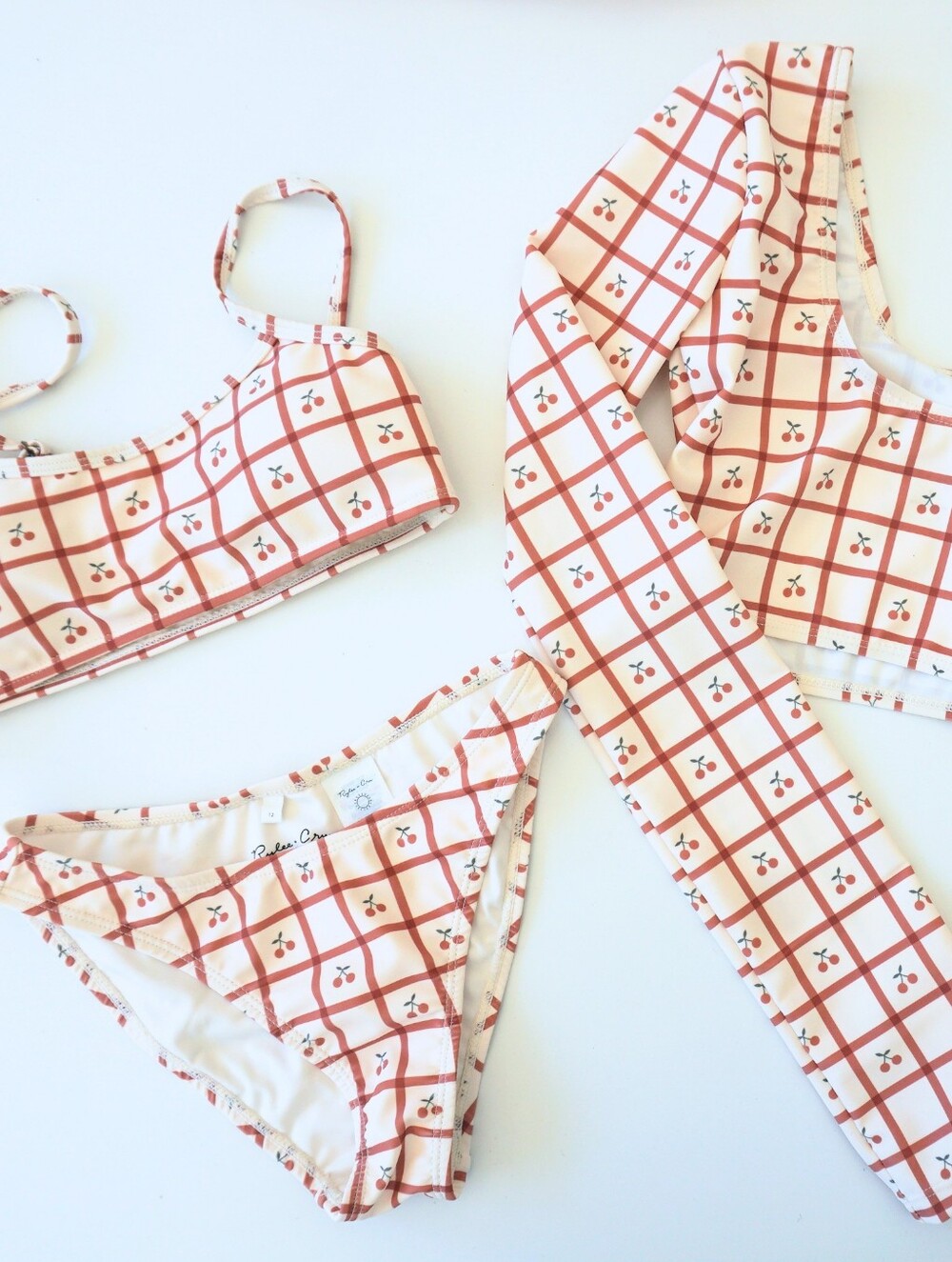 Size 12 Rylee + Cru Kids Cherry Grid Swim Set - Cream & Red